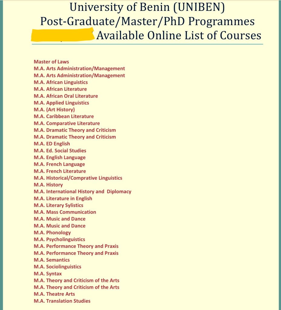 University of Benin, UNIBEN Postgraduate Courses And Requirements 